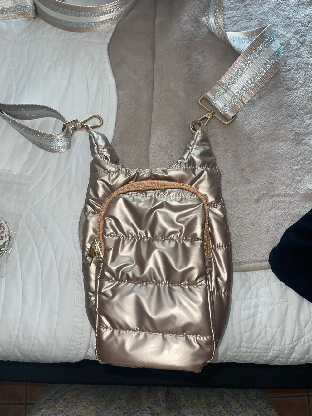 Metallic Champagne Puffer Crossbody Bag with Detachable Strap